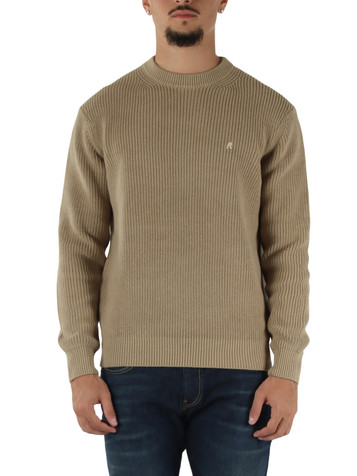 BEIGE | Maglia girocollo in cotone a costa inglese