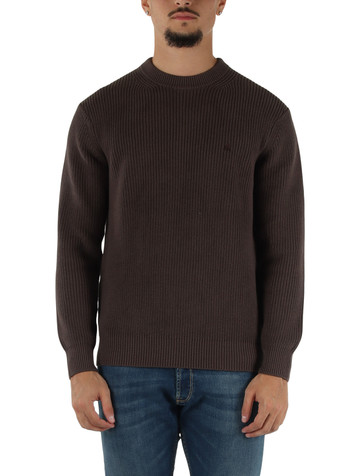 MARRONE | Maglia girocollo in cotone a costa inglese