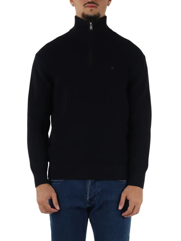 BLU SCURO | Maglia collo a zip in cotone a costa inglese