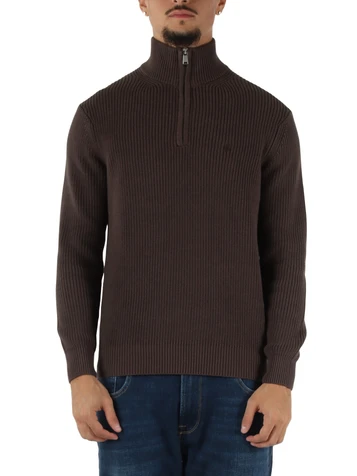 MARRONE | Maglia collo a zip in cotone a costa inglese