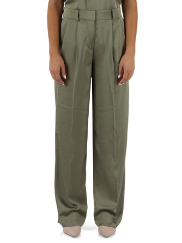 VERDE MILITARE | Pantalone gamba larga in satin con pinces