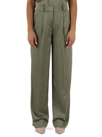 VERDE MILITARE | Pantalone gamba larga in satin con pinces