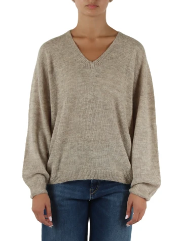 MARRONE | Maglia collo a V in misto lana e viscosa
