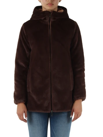 MARRONE | Ecopelliccia reversibile con cappuccio LUCREZIA