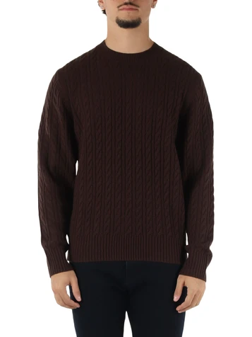 MARRONE | Maglia girocollo a trecce in lana vergine e cashmere