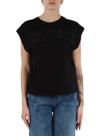 NERO | T-shirt in cotone con inserti in pizzo e rete NERO | T-shirt in cotone con inserti in pizzo e rete