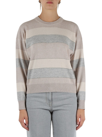 BEIGE | Maglia girocollo a righe in lana vergine, seta e cashmere