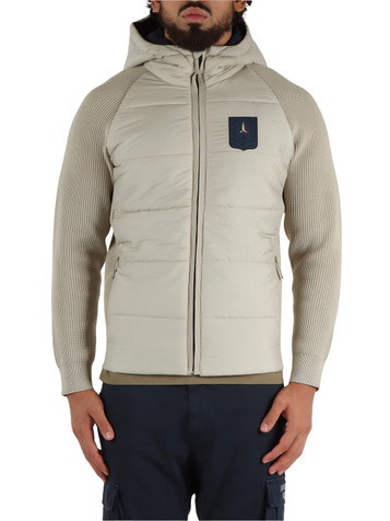 BEIGE | Giubbino con cappuccio in maglia e tessuto tecnico