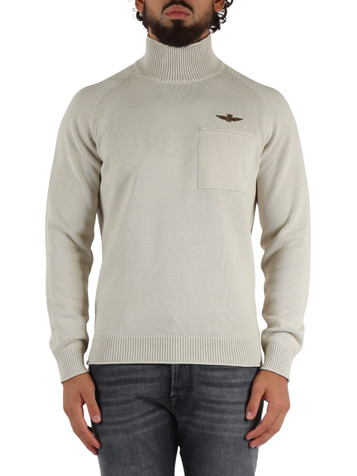 BEIGE | Maglia collo alto in cotone con taschino frontale