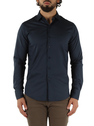 BLU SCURO | Camicia slim fit in cotone stretch con ricamo logo