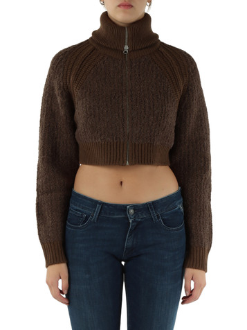 MARRONE | Cardigan cropped con zip in misto lana e alpaca