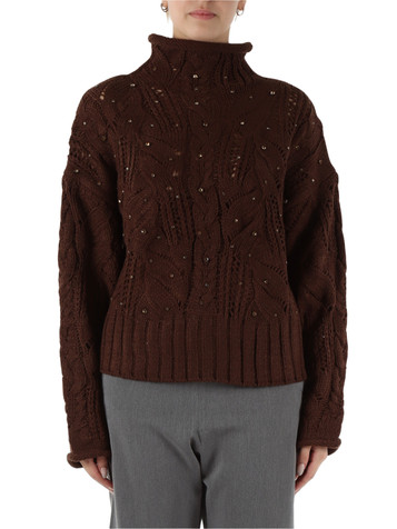 MARRONE | Maglia in misto lana con strass