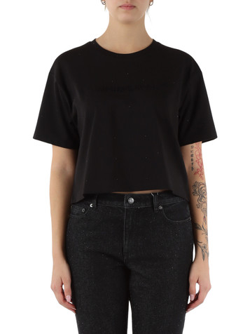 NERO | T-shirt cropped in cotone con scritta logo frontale
