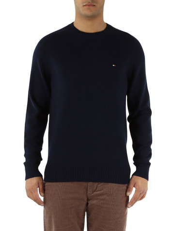 BLU SCURO | Maglia girocollo in lana con ricamo logo frontale