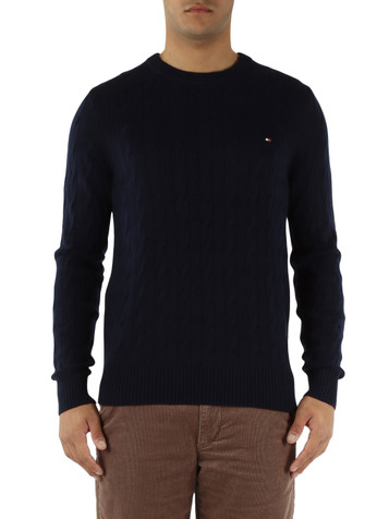 BLU SCURO | Maglia girocollo in lana con lavorazione a trecce