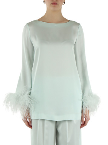 VERDE ACQUA | Blusa in satin con dettaglio piume rimovibile
