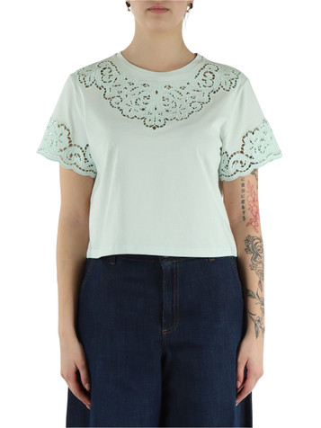 VERDE ACQUA | T-shirt cropped in cotone con ricami a intarsio