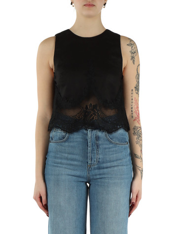 NERO | Top in lino con inserti in pizzo