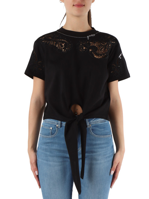 T-shirt in cotone con nodo e ricami