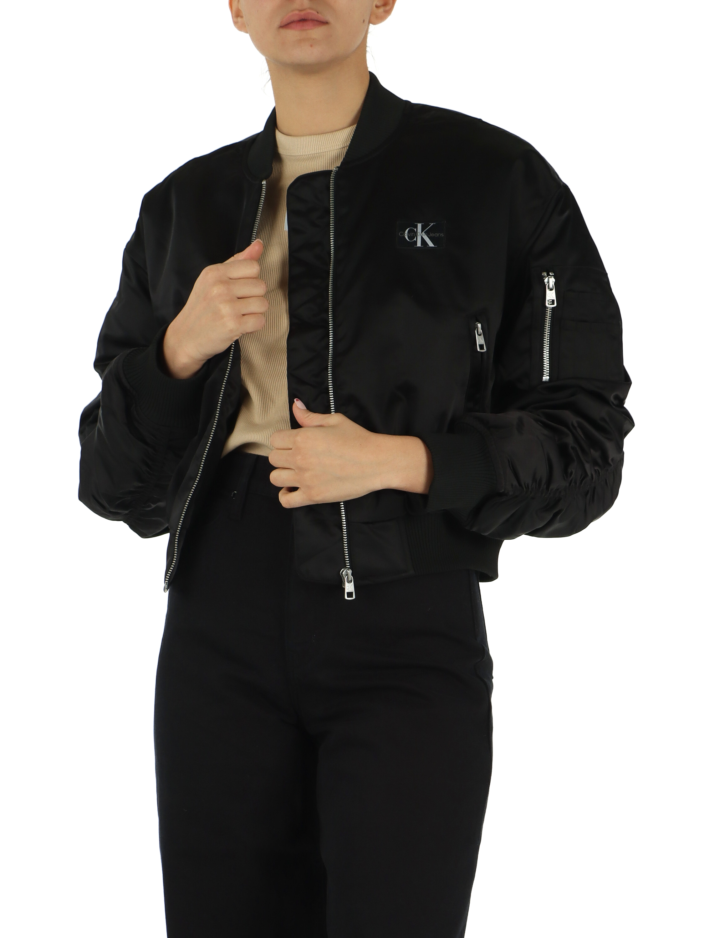 Bomber cropped drappeggiato in tessuto satin - Main Image