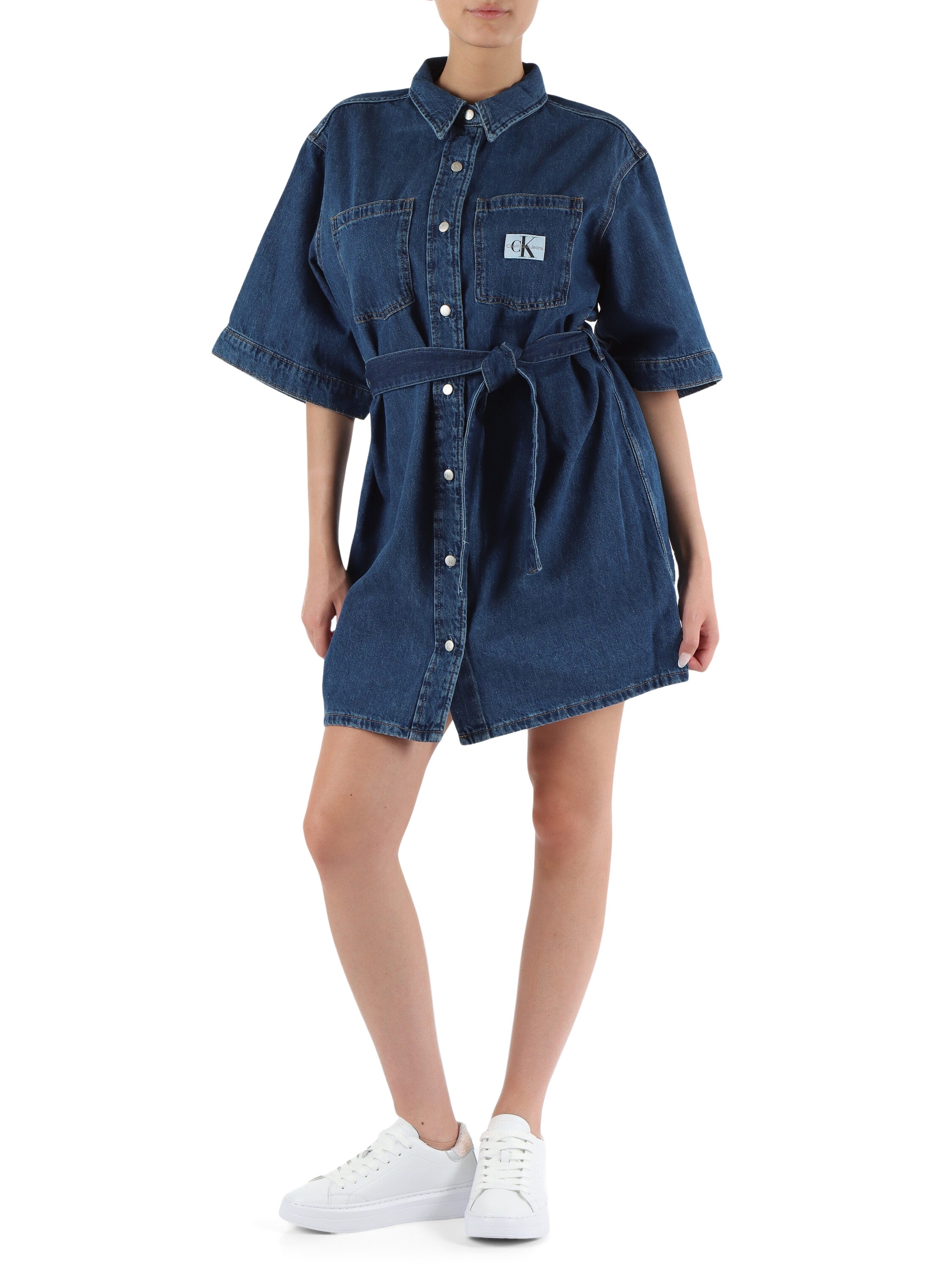 Abito maxi camicia in denim con cintura - Main Image