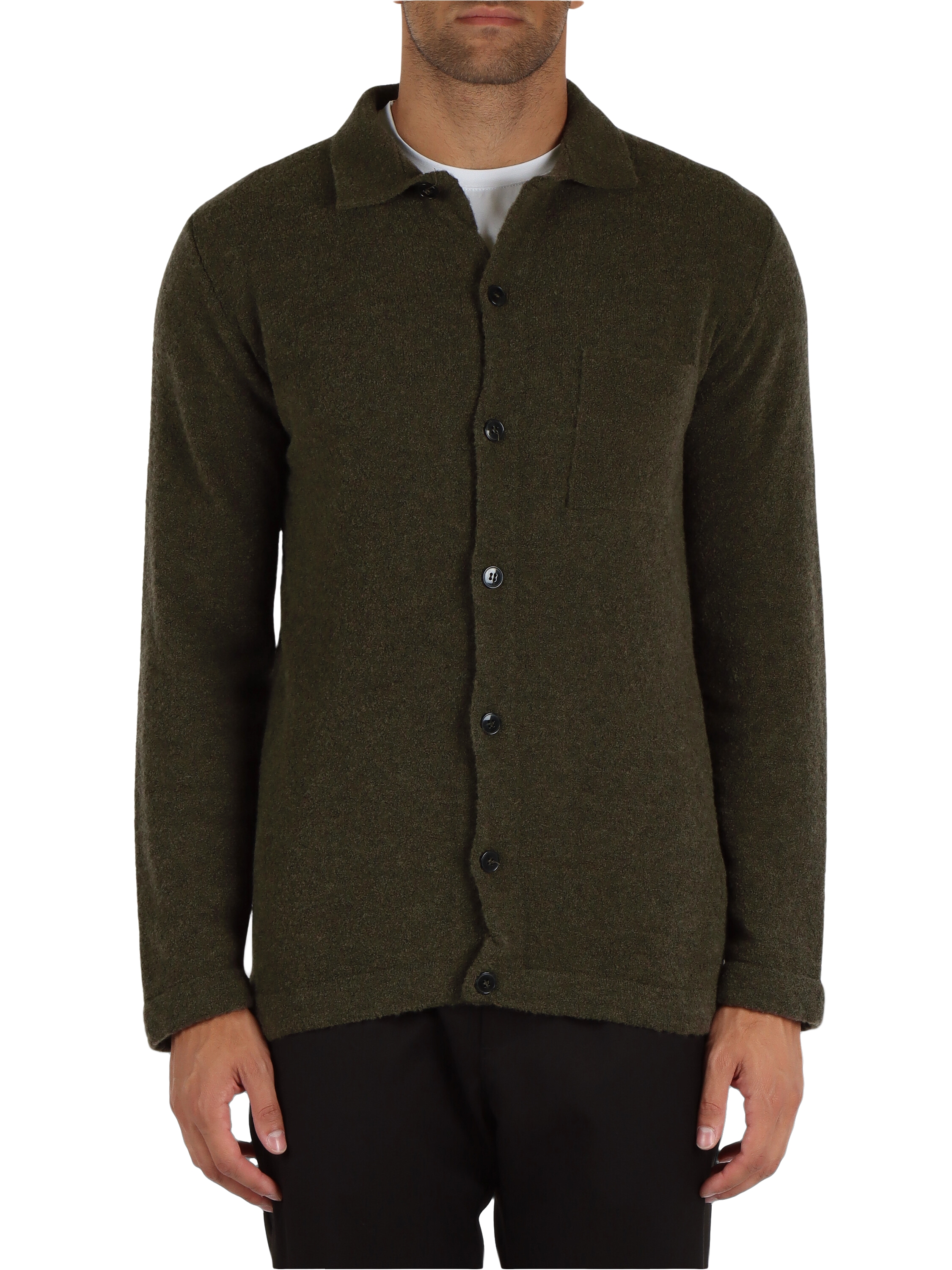 VERDE MILITARE | Cardigan camicia in misto lana merinos Zegna Baruffa Lane Borgosesia