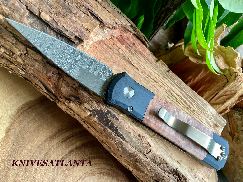 Protech Custom LTD Godson Automatic Nichols Damascus Maple Burl Inlaid Folder