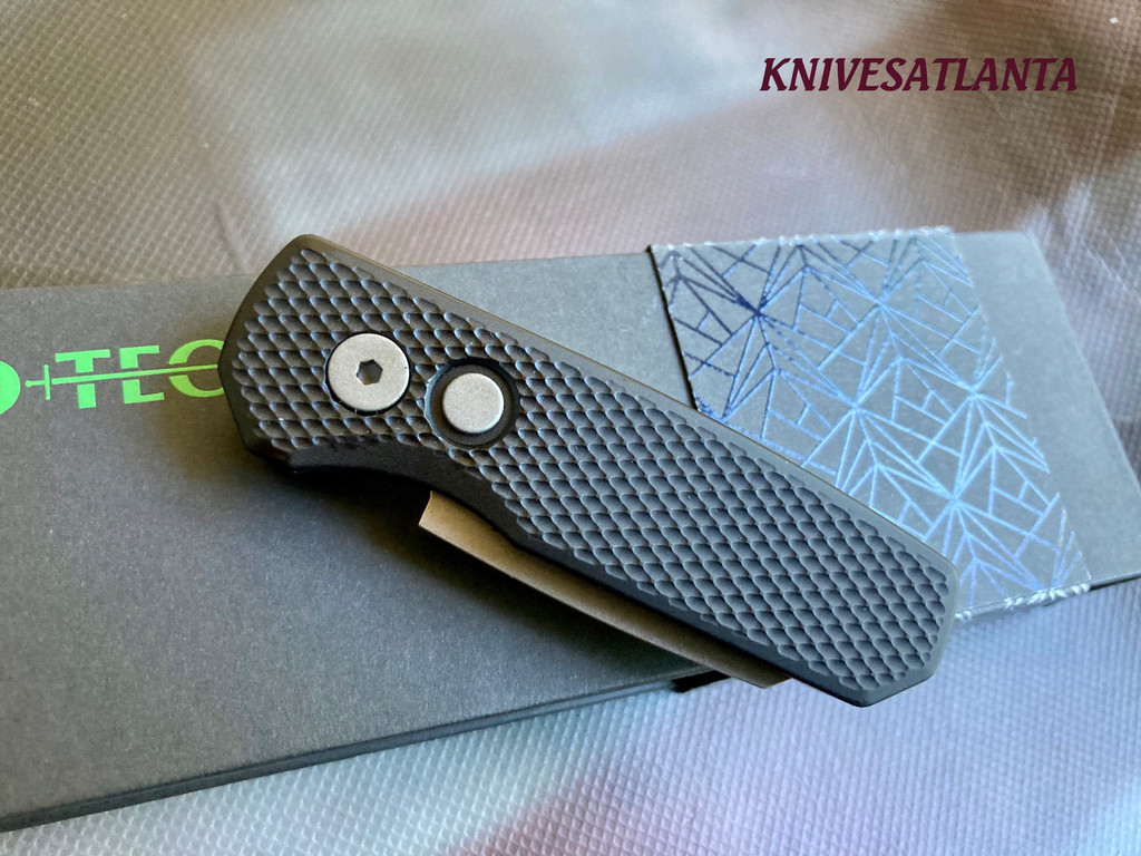 ProTech R5405 Runt 5 AUTO  CPM-MagnaCut Stonewashed Reverse Tanto Blade, Textured Black Aluminum Handles 