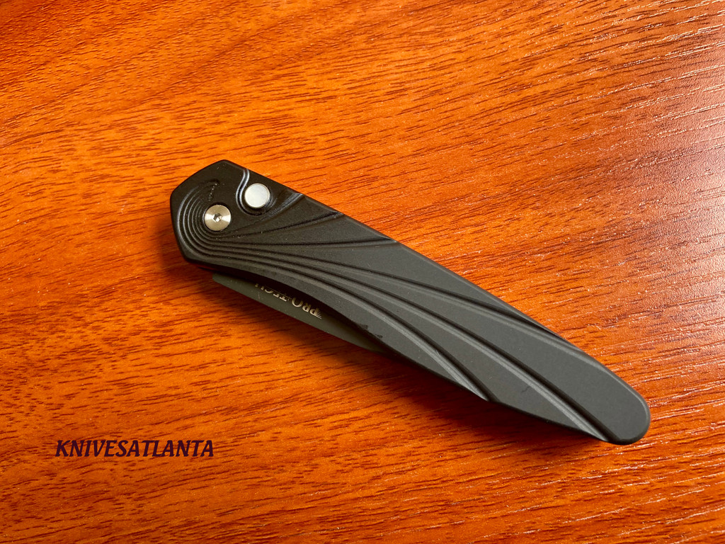 PROTECH 3437 Newport 3" Black Handle with 3D Wave Pattern MOP Push Button DLC Black Blade Knife