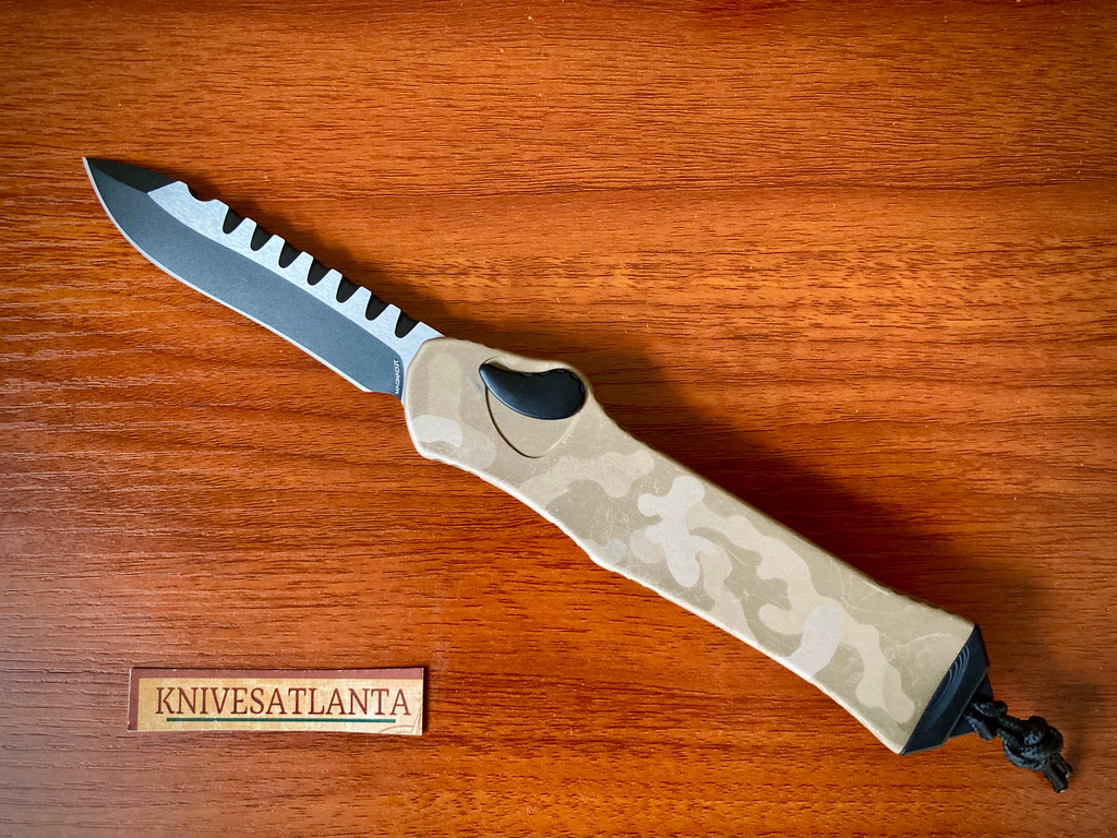 HERETIC KNIVES HYDRA V3 OTF AUTOMATIC KNIFE TAN CAMO 3.6" RECURVE TWO-TONE