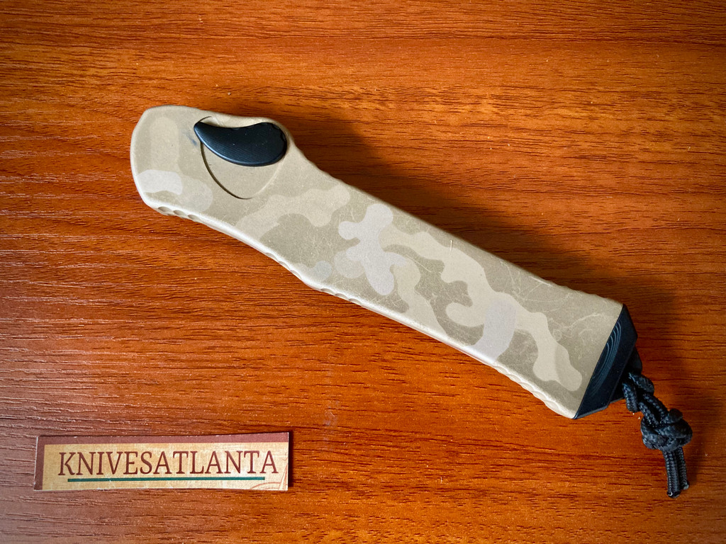 HERETIC KNIVES HYDRA V3 OTF AUTOMATIC KNIFE TAN CAMO 3.6" RECURVE TWO-TONE
