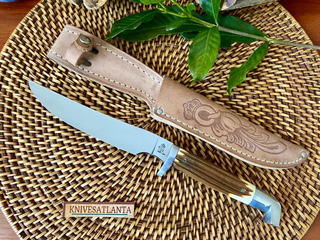 Queen #75 Made in USA Imitation Winterbottom Bone Hunting Fixed Blade Sheath Knife c.1980's