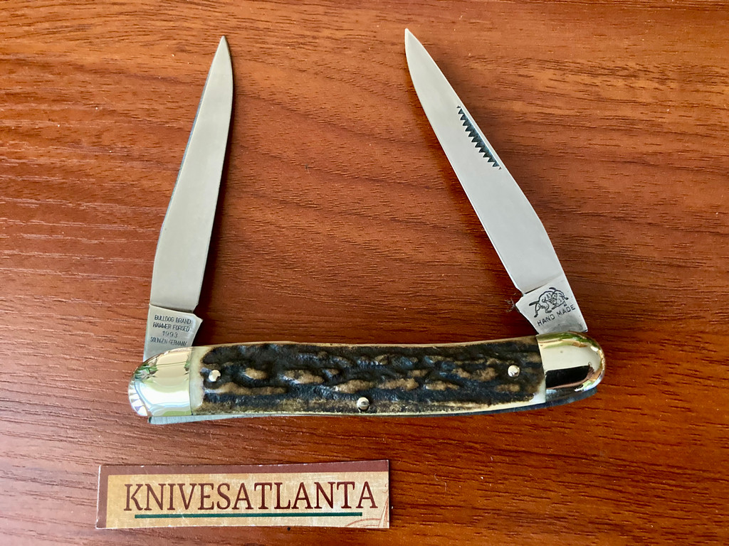 Bulldog Brand "Pit Bulls" Knife ~ Stag ~ Vintage 1993
