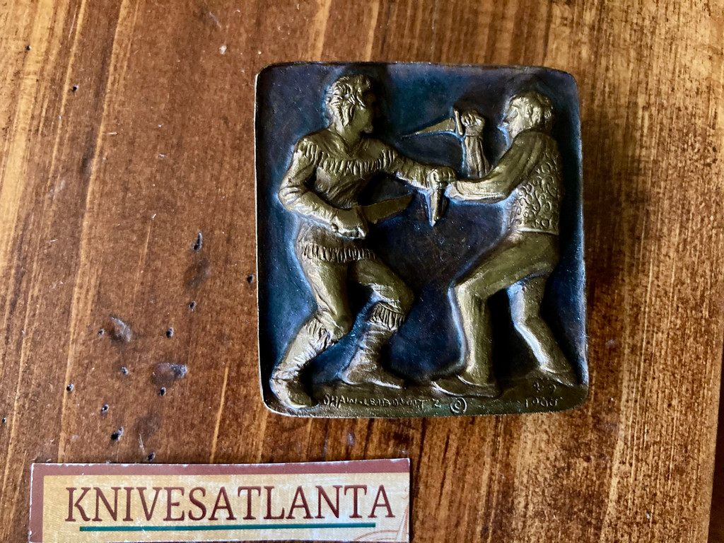 Shaw-Leibowitz "Knife Fight" Belt Buckle ~ Brass Version ~ Vintage 1970`s ~ Very RARE !!