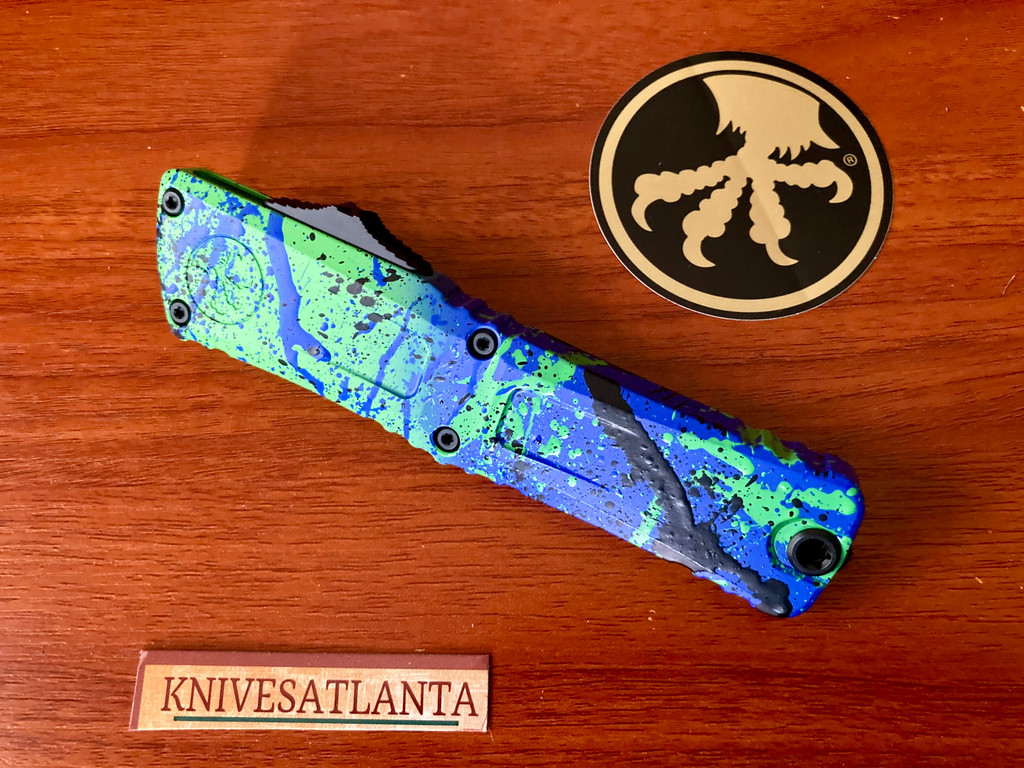 Microtech Combat Troodon Gen III D/E Signature Series (OTF) Green Mamba/PW Blue/Black Paint Splatter