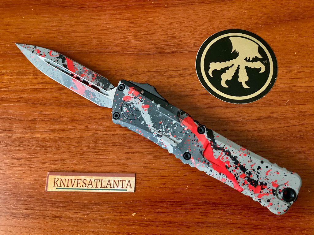 Microtech Combat Troodon Gen III (Model 1142-1BGBKRDSPLS) OTF - Signature Series "Bull Shark Gray / Black / Red Paint Splatter" 