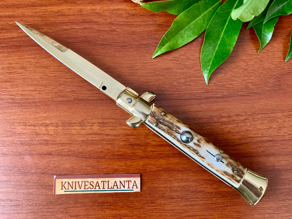 Frank Beltrame (Frank B.) 9" Gold Bayonet Swivel Bolster Stag Stiletto 