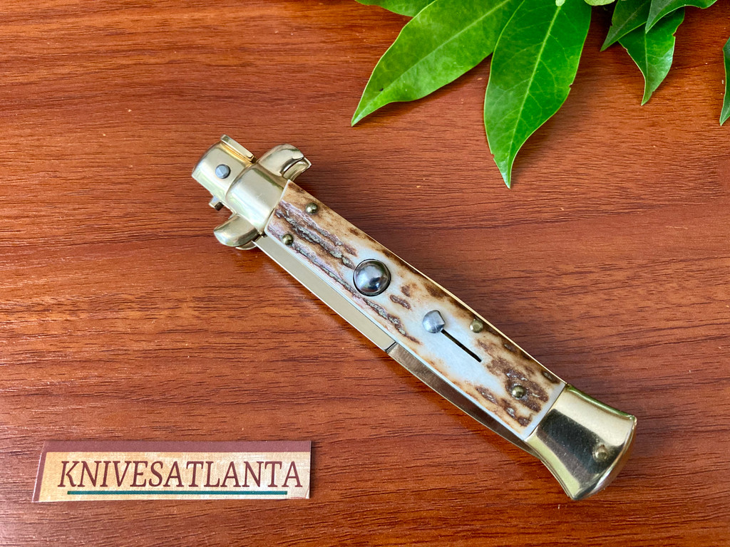Frank Beltrame (Frank B.) 9" Gold Bayonet Swivel Bolster Stag Stiletto 