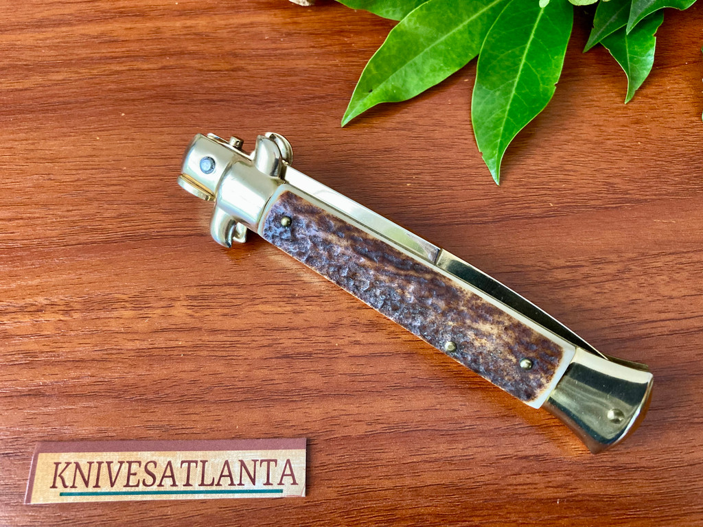 Frank Beltrame (Frank B.) 9" Gold Bayonet Swivel Bolster Stag Stiletto 