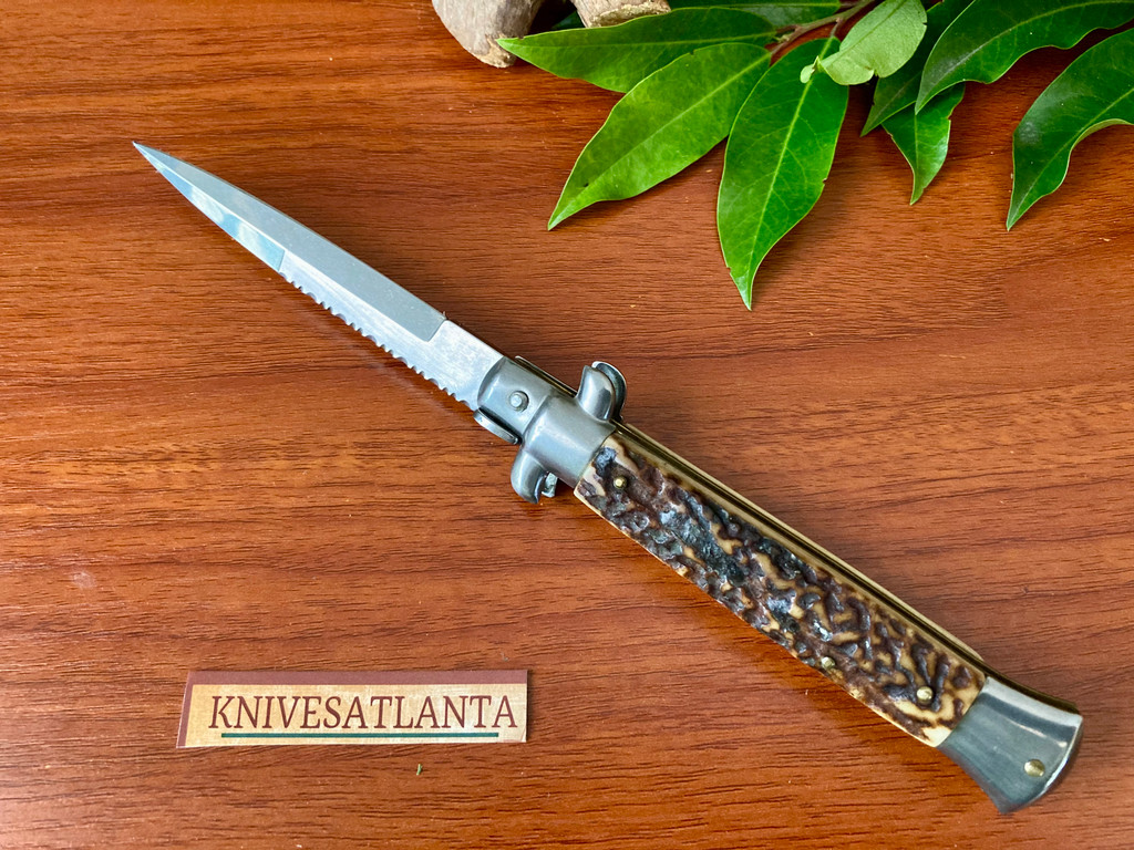 Frank Beltrame Italy 9" Stag Swivel Bolster Stiletto Bayonet Blade and Filework  ~