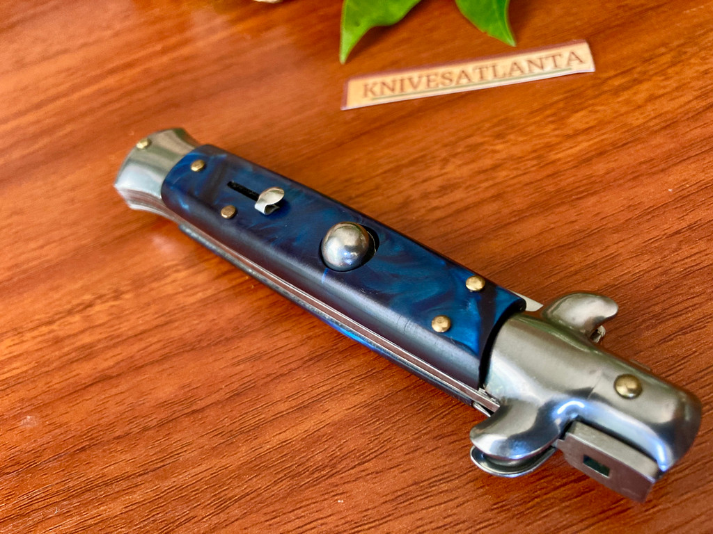 AKC Italy 9" Blue Swirl Kris Swivel Release Stiletto