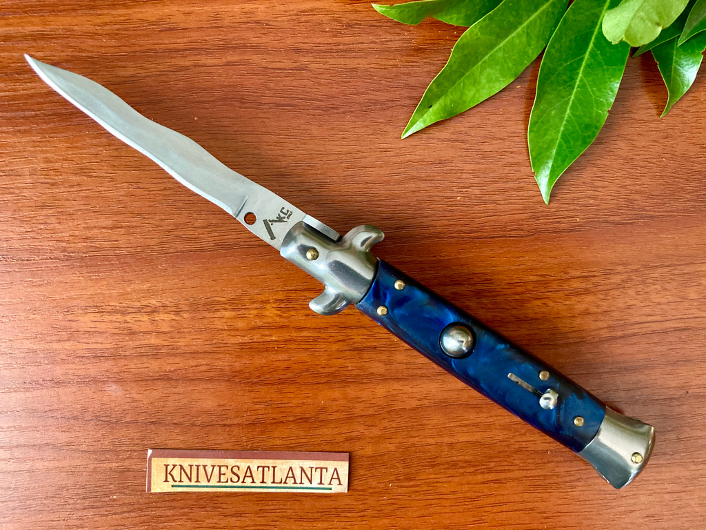 AKC Italy 9" Blue Swirl Kris Swivel Release Stiletto