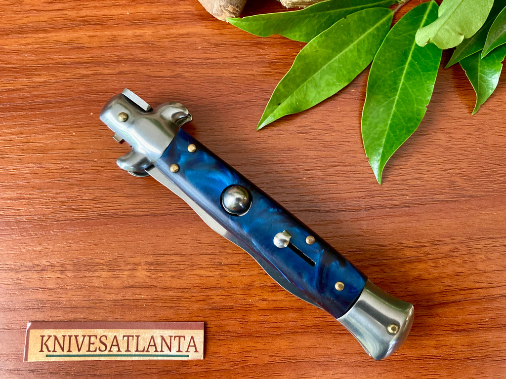 AKC Italy 9" Blue Swirl Kris Swivel Release Stiletto