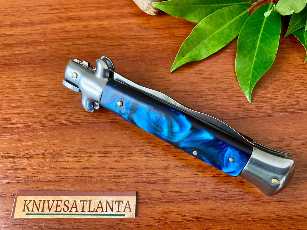 AKC Italy 9" Blue Swirl Kris Swivel Release Stiletto