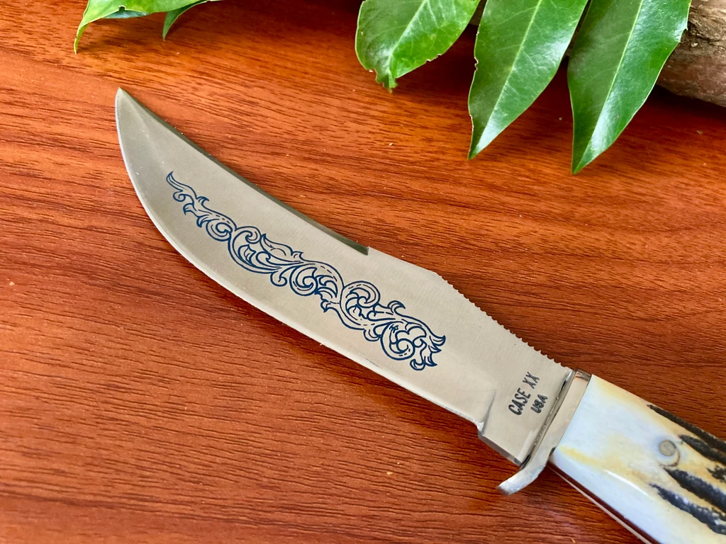 Case XX Stag 523-5 SSP Blue Scroll Fixed Blade ~ Vintage 1977