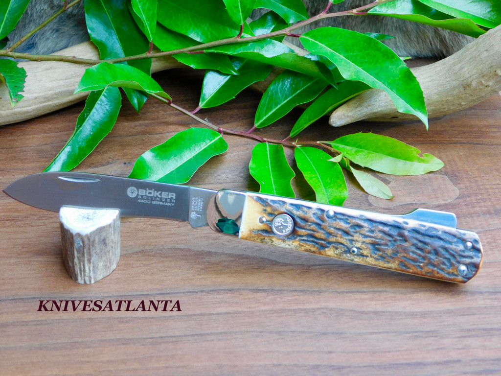 Boker Mono Folding Hunting Knife 3.5" 440C Polished Blade, Stag Handles - 110615