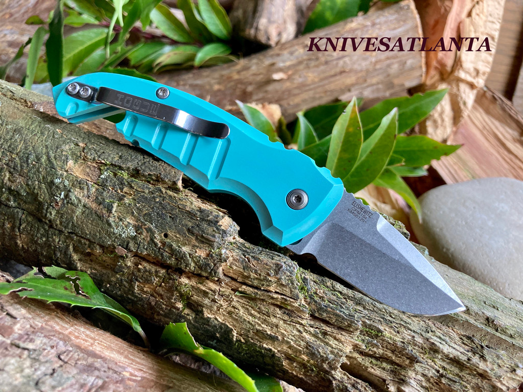 Hogue A01-MicroSwitch Automatic Folder: 1.95" Drop Point Blade - Tumbled Finish, Aquamarine Aluminum Frame