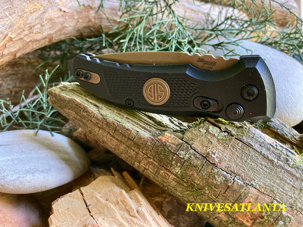 Hogue  SIG A01-MicroSwitch Emperor Scorpion Automatic Folder: 2.75" Drop Point Blade - FDE PVD Finish, Solid Black G10 Frame