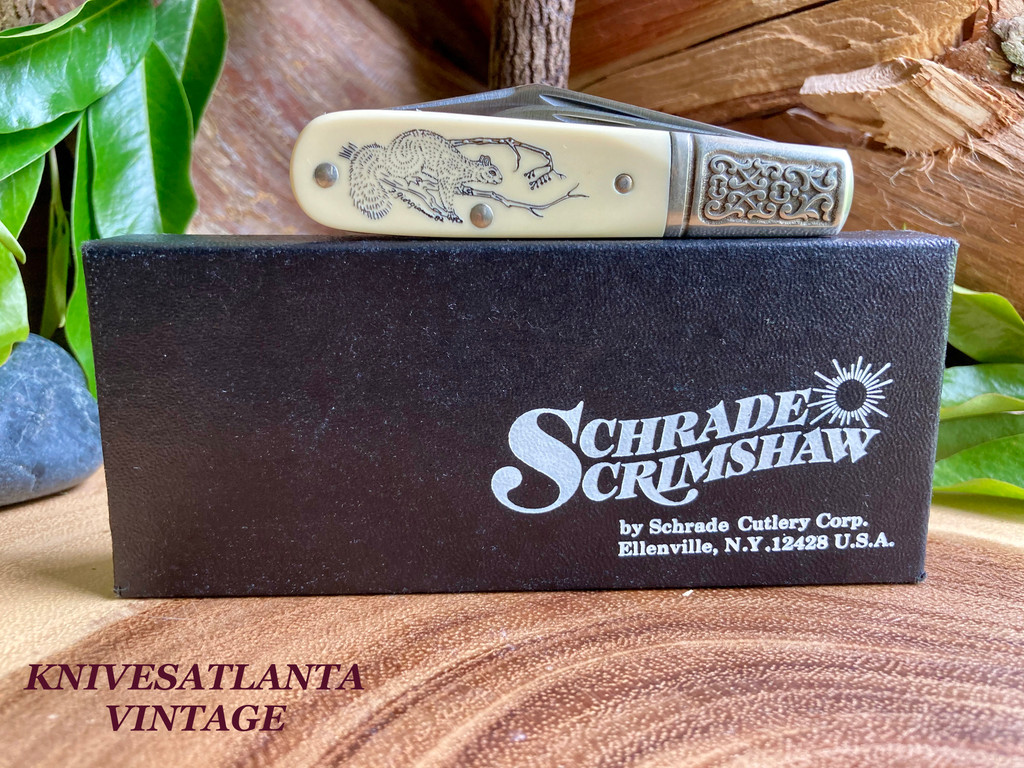 SCHRADE SCRIMSHAW SQUIRREL BARLOW KNIFE ~ Vintage