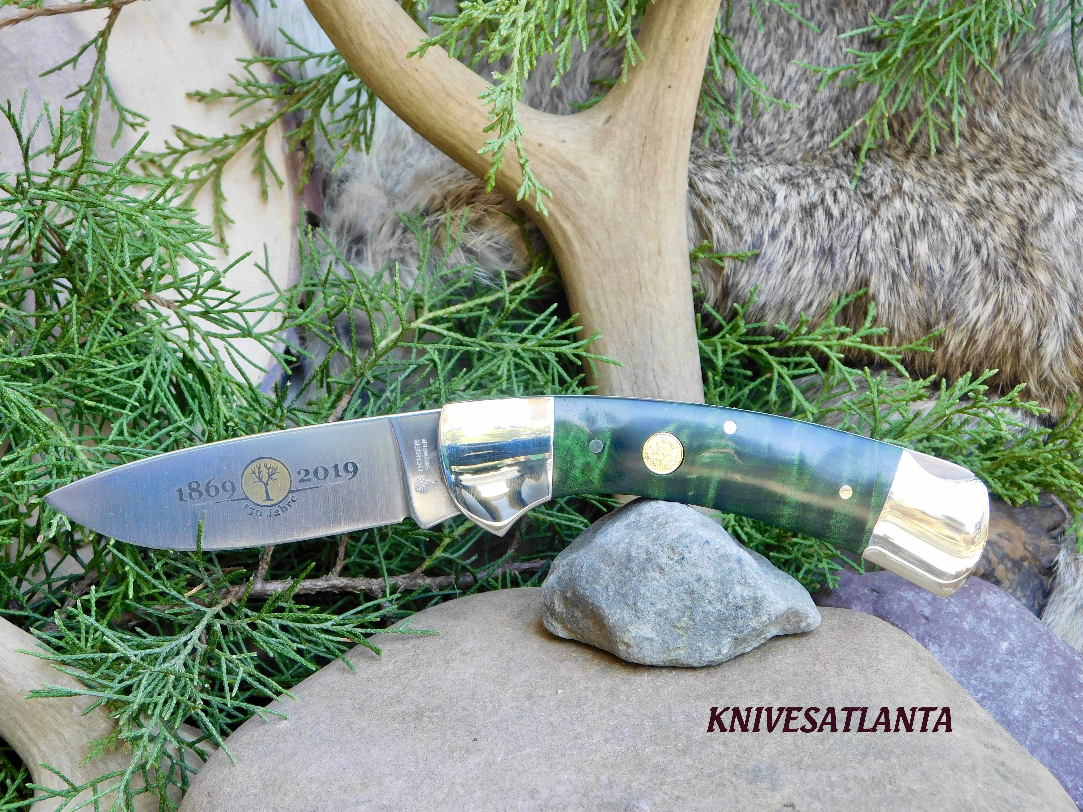 Boker 150th Anniversary 3000 Folding Knife, Green Curly Birch